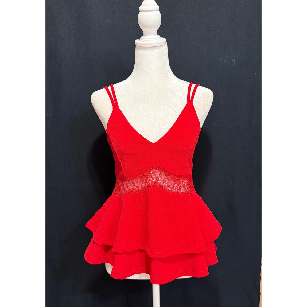 Orange Kiss‎ Peplum Top Womens M Red Lace Tiered Cami Zipper Back V-Neck Party